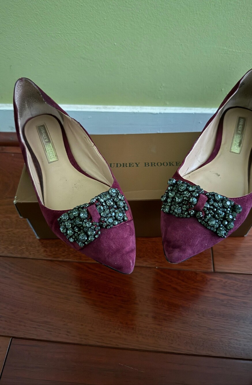 Audrey Brooke Wine Suede Pointed Toe Heels with Jeweled Bow